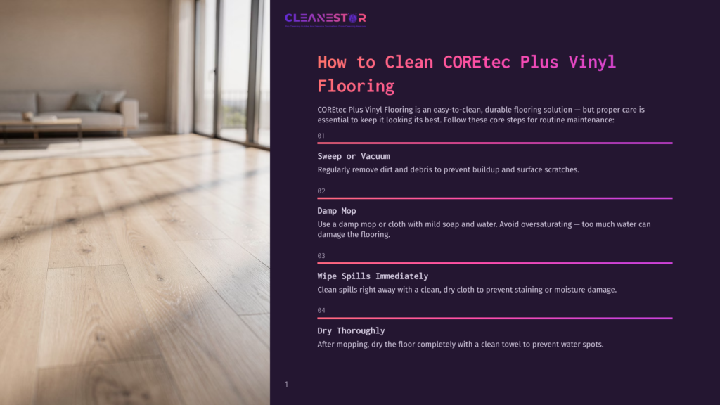 Cleanestor Coretec Plus Vinyl Flooring Cleaning Guide With Steps: Sweep Or Vacuum, Damp Mop, Wipe Spills Immediately, And Dry Thoroughly. The Image Shows A Sunlit, Modern Living Room With Light Wood-Look Coretec Plus Vinyl Flooring.