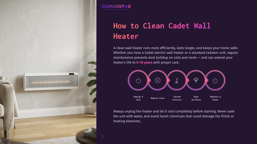 1 How To Clean Cadet Wall Heater A White Cadet Electric Wall Heater Is Mounted On A Light Grey Textured Wall, With A Plush Grey Sofa Visible In The Foreground. The Image Is Part Of A Guide On How To Clean Cadet Wall Heaters, Featuring Text And Icons Illustrating The Cleaning Process.