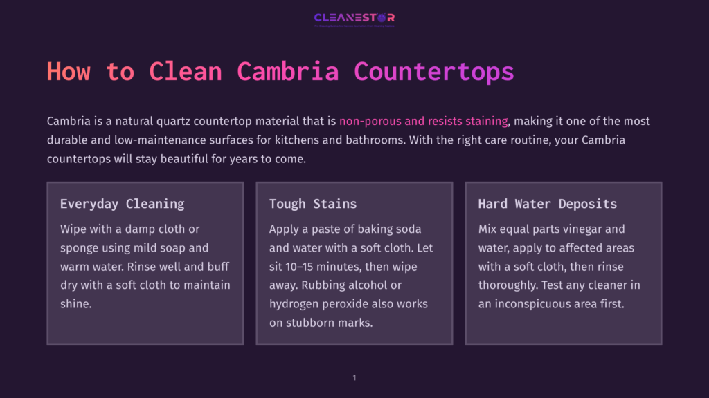 1 How To Clean Cambria Countertops Infographic Titled &Quot;How To Clean Cambria Countertops&Quot; With Sections On Everyday Cleaning, Tough Stains, And Hard Water Deposits. The Background Is Dark Purple With A Subtle Gradient.