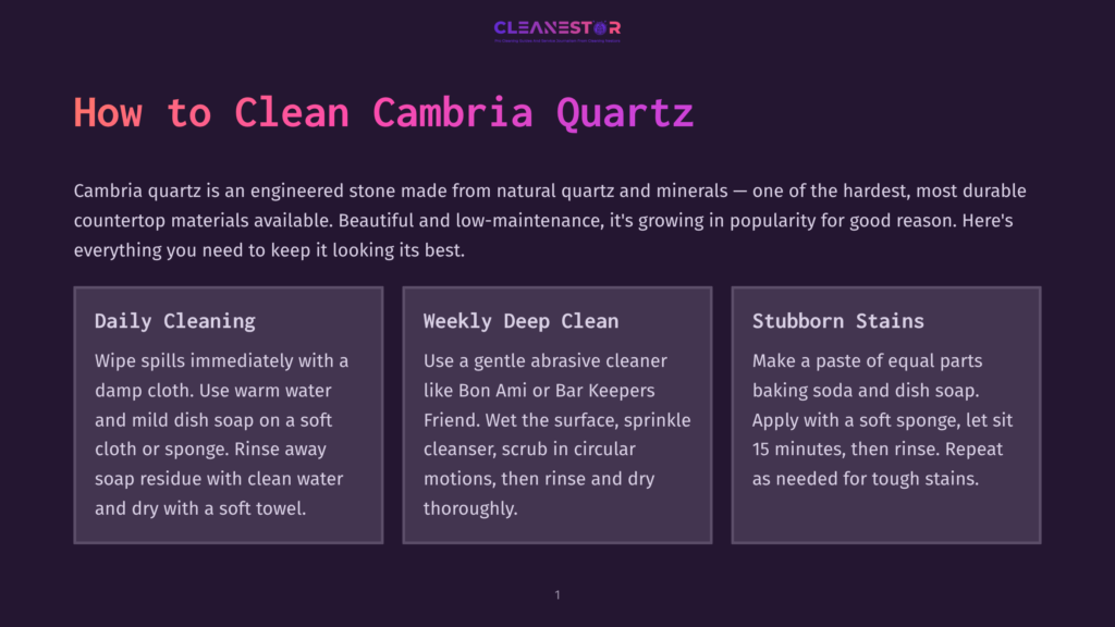 1 How To Clean Cambria Quartz Header Graphic For &Quot;How To Clean Cambria Quartz&Quot; Blog Post, Featuring The Title In Large White And Pink Text Over A Dark Purple Background.