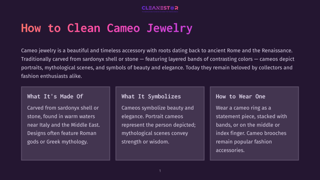 A Dark Purple Graphic With The Title &Quot;How To Clean Cameo Jewelry&Quot; And Three Boxes Detailing &Quot;What It'S Made Of,&Quot; &Quot;What It Symbolizes,&Quot; And &Quot;How To Wear One.