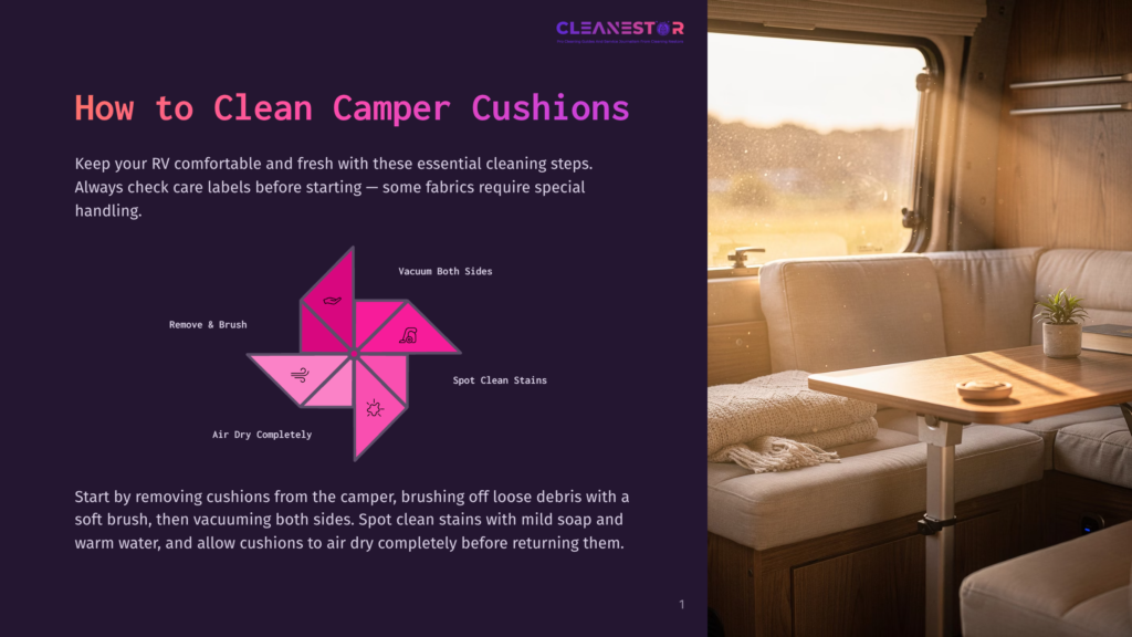 A Camper Van Interior Bathed In Warm Sunlight, Featuring Plush Cushions, A Wooden Table, And A Neatly Folded Blanket. The Image Highlights The Comfort And Coziness Of Rv Living.