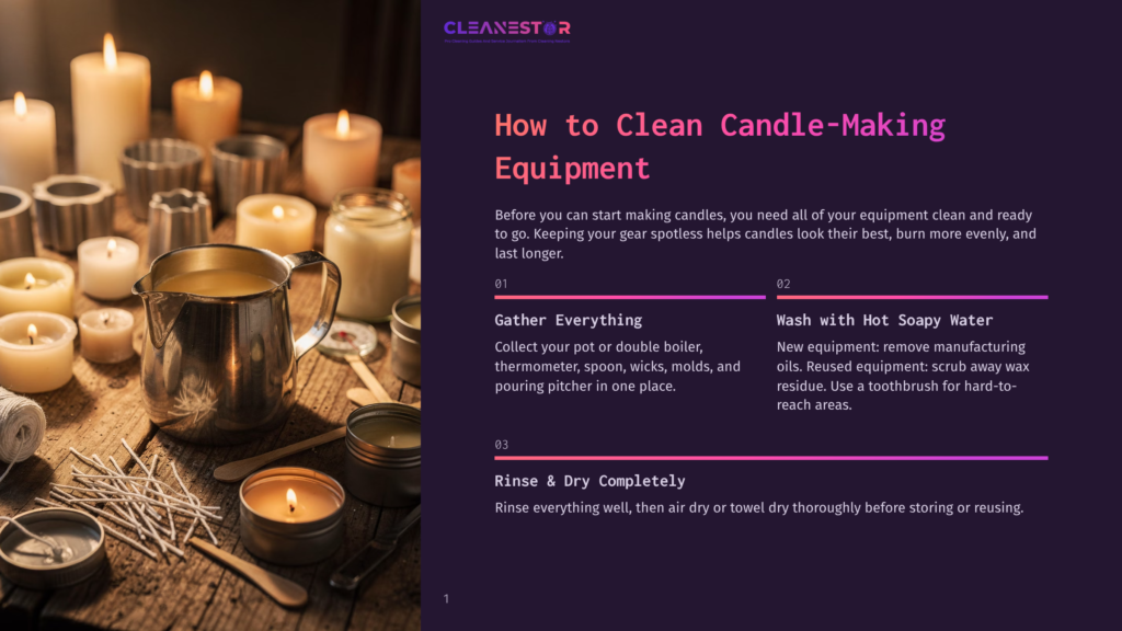 A Rustic Wooden Table Is Laden With Candle-Making Supplies, Including A Large Metal Pouring Pitcher, Various Candle Molds, Wicks, And Lit Candles, Creating A Warm And Inviting Atmosphere.