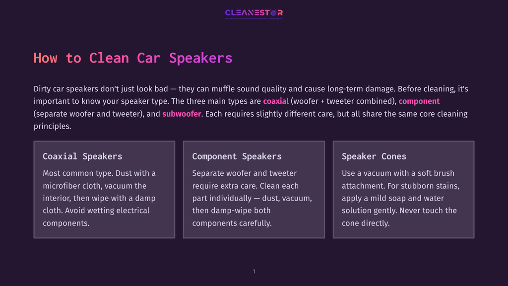 1 How To Clean Car Speakers A Graphic Titled &Quot;How To Clean Car Speakers&Quot; With Three Sections: Coaxial Speakers, Component Speakers, And Speaker Cones, Offering Cleaning Tips For Each Type.