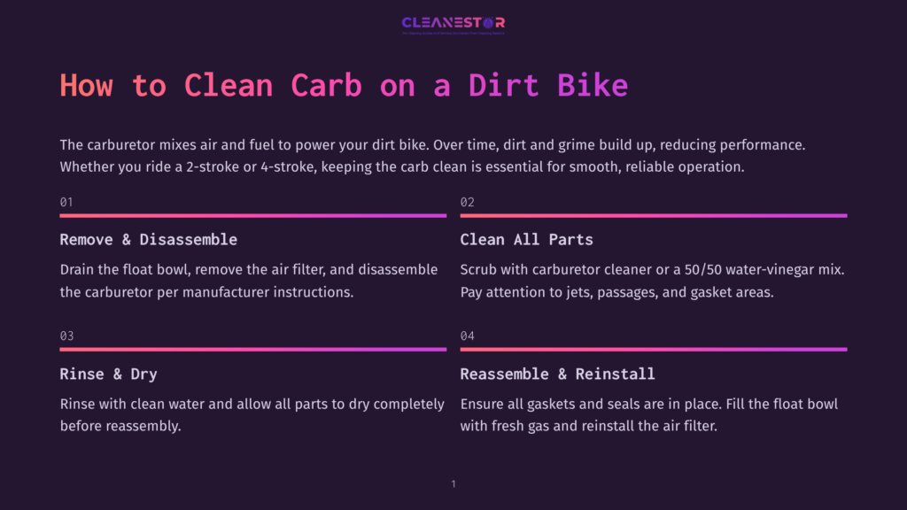 Infographic Titled &Quot;How To Clean Carb On A Dirt Bike&Quot; With Four Steps: Remove &Amp; Disassemble, Clean All Parts, Rinse &Amp; Dry, And Reassemble &Amp; Reinstall. The Background Is Dark Purple With Colorful Gradient Lines Separating The Steps.