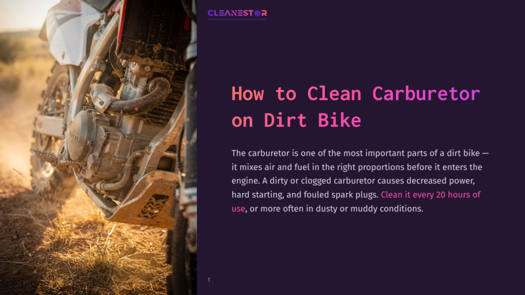 1 How To Clean Carburetor On Dirt Bike Close-Up Of A Dirt Bike'S Engine And Front Wheel, With &Quot;Cleanestor&Quot; And &Quot;How To Clean Carburetor On Dirt Bike&Quot; Text Overlay. The Engine Is Dusty And Appears To Be In A Dry, Outdoor Setting.