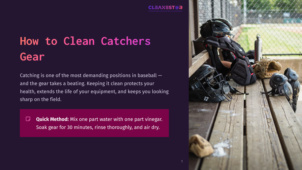 1 How To Clean Catchers Gear Catchers Gear, Including Helmets, Chest Protectors, And Leg Guards, Rests On A Wooden Dugout Bench At A Baseball Field. The Text &Quot;How To Clean Catchers Gear&Quot; Is Visible.