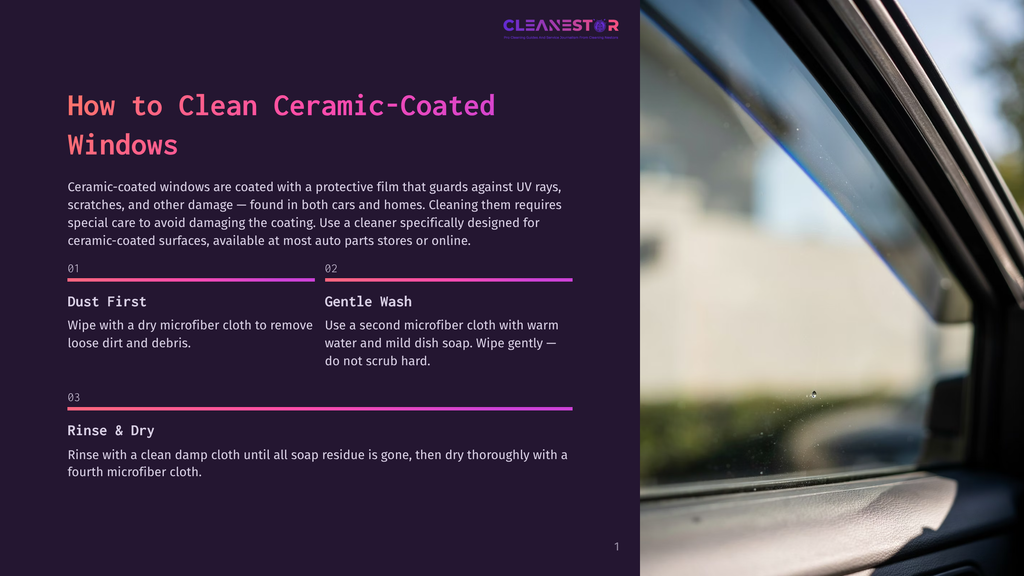 Close-Up Of A Car Window With A Dark Tint, Showing Water Droplets And Streaks, With Text Overlay &Quot;How To Clean Ceramic-Coated Windows&Quot; And Steps 01, 02, 03.
