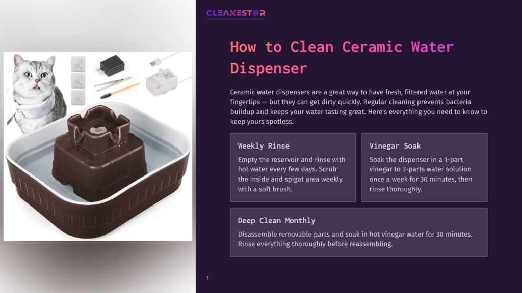 A Clean, Modern Ceramic Water Dispenser For Cats And Dogs, Featuring A Dark Brown Reservoir And A White Base, Sits Next To A Curious Grey Tabby Cat. The Image Also Shows Replacement Filters, Tweezers, And A Brush, Highlighting The Dispenser'S Cleaning And Maintenance Aspects.