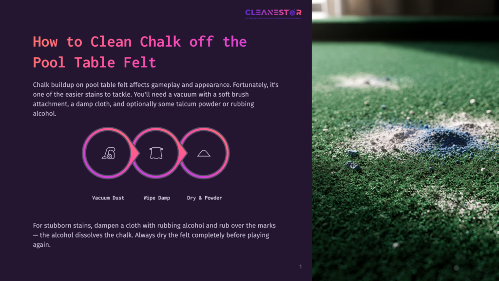 Close-Up Of A Green Pool Table Felt With Chalk Dust And White Marks, Suggesting It Needs Cleaning. The Image Is Part Of A Guide On How To Clean Chalk Off Pool Table Felt.