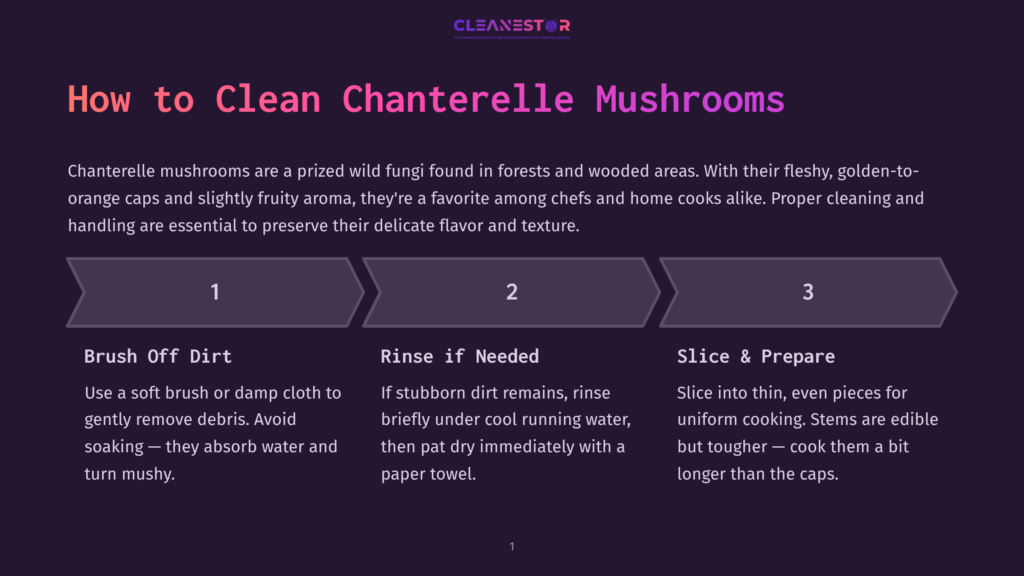 Infographic Detailing How To Clean Chanterelle Mushrooms: 1. Brush Off Dirt, 2. Rinse If Needed, 3. Slice &Amp; Prepare. The Text Explains Each Step For Proper Mushroom Cleaning And Preparation.