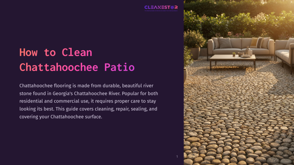A Beautiful Outdoor Patio With Smooth, Rounded River Stones, Comfortable Outdoor Furniture, And Lush Green Plants. Text Overlay Reads &Quot;Cleanestar: Pro Cleaning Solutions For Beautiful Outdoor Living Spaces&Quot;.