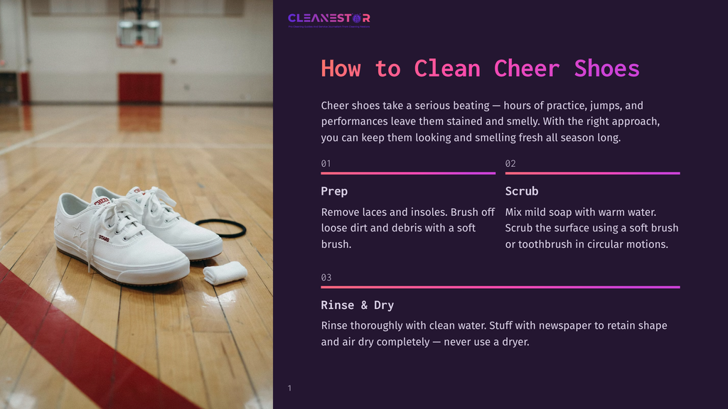 White Cheer Shoes With Star Accents Sit On A Polished Wooden Gym Floor, Next To A Black Hair Tie And A Small White Towel. Text Overlay Provides Cleaning Instructions For Cheer Shoes.