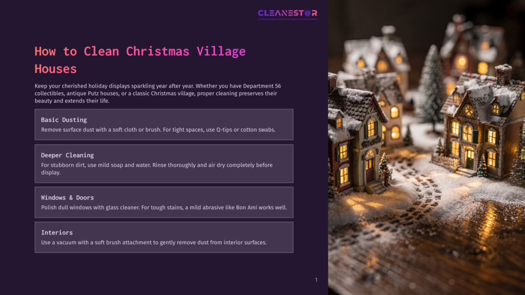 1 How To Clean Christmas Village Houses A Cozy Christmas Village Scene At Night, With Illuminated Houses Dusted In Snow. The Image Accompanies A Guide On How To Clean Christmas Village Houses.