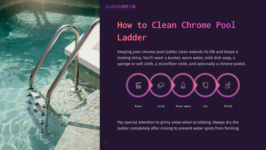 Cleanestor Logo And Instructions On How To Clean A Chrome Pool Ladder, Featuring A Step-By-Step Visual Guide.