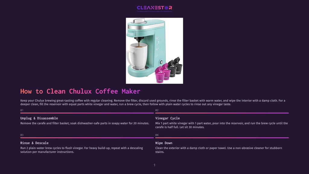 Aqua Chulux Coffee Maker With Black Accents, A Brewed Cup Of Coffee, And Two Reusable Coffee Pods, On A White Background With Cleaning Instructions.