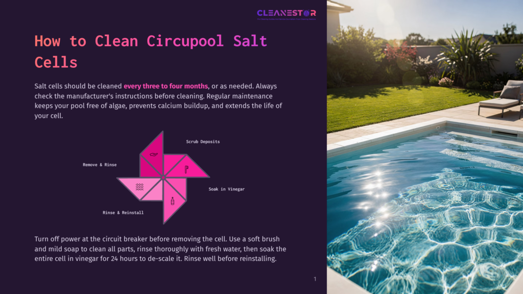 Diagram Illustrating How To Clean A Circupool Salt Cell, With Steps Like &Quot;Scrub Deposits,&Quot; &Quot;Soak In Vinegar,&Quot; And &Quot;Rinse &Amp; Reinstall&Quot; Arranged In A Circular Flow Chart.