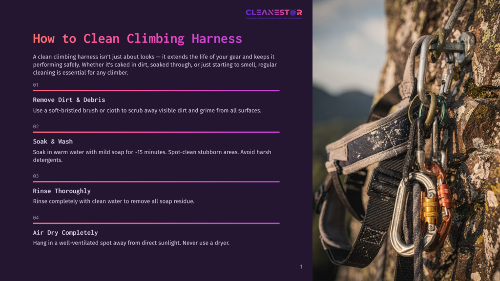 Close-Up Of Climbing Harness With Carabiners Attached, Hanging On A Rock Face. Text Overlay Provides Instructions On How To Clean A Climbing Harness.