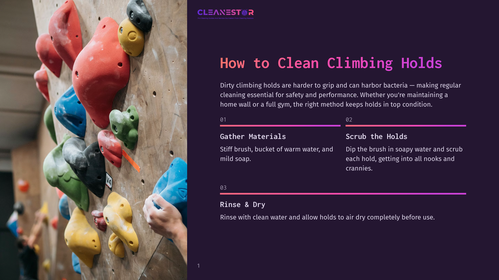 Close-Up Of Colorful Climbing Holds On A Wooden Climbing Wall, With A Hand Reaching For A Blue Hold. Text Overlay: &Quot;Cleanestor How To Clean Climbing Holds&Quot;.