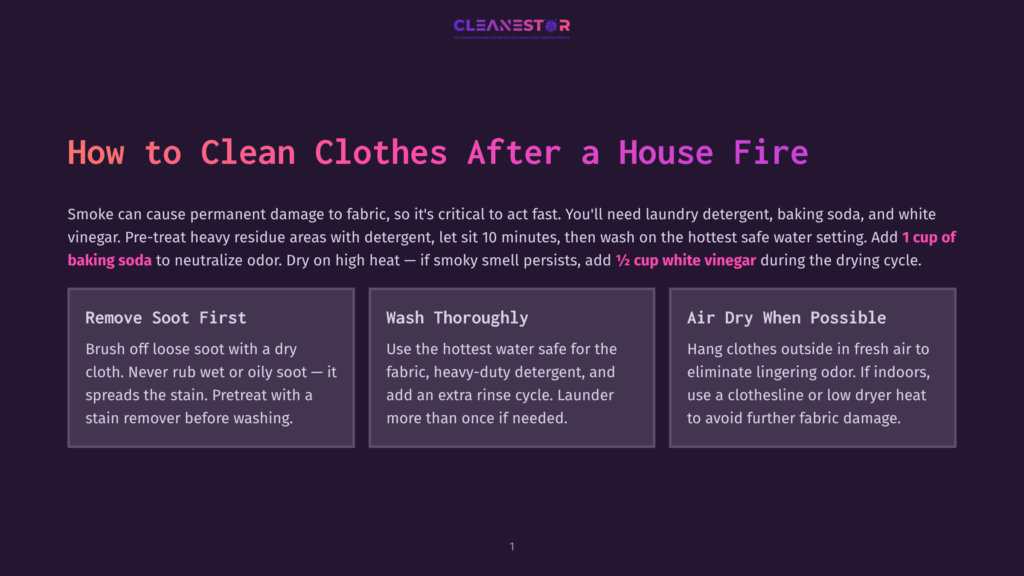 Infographic With Text &Quot;How To Clean Clothes After A House Fire&Quot; And Sections On Removing Soot, Washing Thoroughly, And Airing Clothes Dry When Possible.