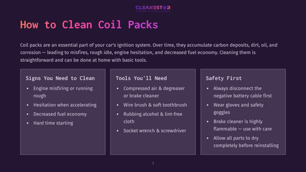 1 How To Clean Coil Packs A Presentation Slide Titled &Quot;How To Clean Coil Packs&Quot; With Sections On Signs Of Need, Tools, And Safety, Featuring Bullet Points With Car Maintenance Tips.