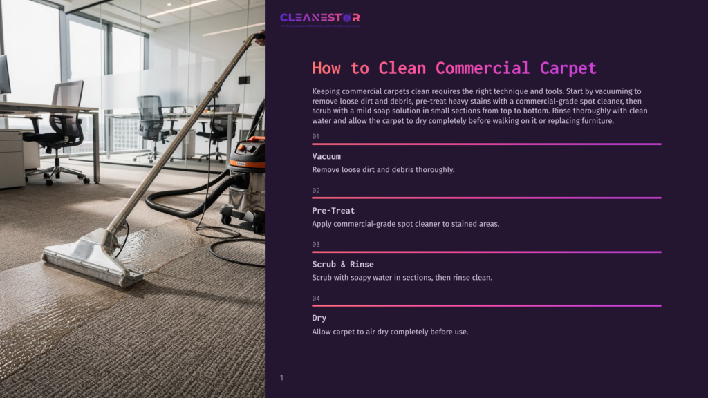 A Commercial Carpet Cleaning Machine With A Wide Floor Tool Is Actively Cleaning A Textured Beige Carpet In A Modern Office Setting With Natural Light, Desks, And Chairs In The Background. Text Overlay On The Right Provides Cleaning Steps.