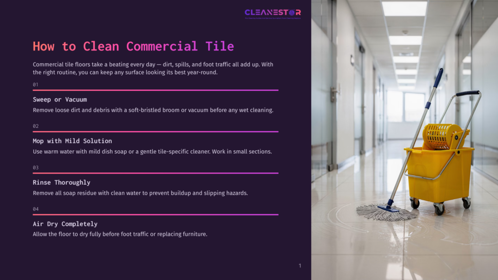 A Commercial Hallway With Polished Tile Floors And A Yellow Mop Bucket Cart, Featuring Text On The Left About &Quot;How To Clean Commercial Tile&Quot; With Steps Like &Quot;Sweep Or Vacuum&Quot; And &Quot;Mop With Mild Solution.