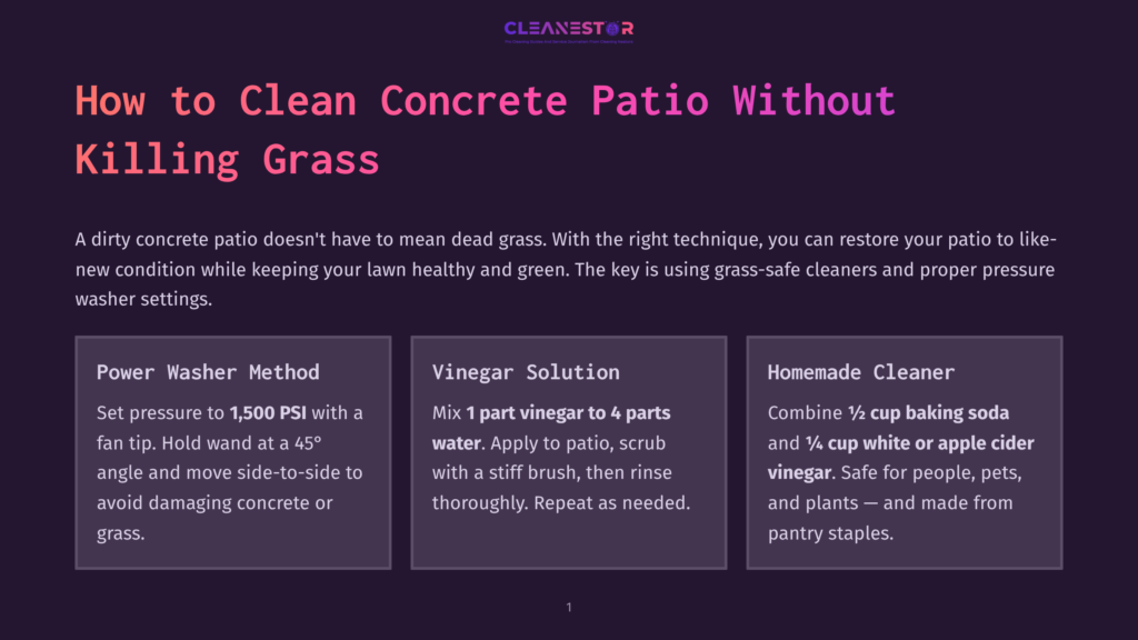 A Graphic Titled &Quot;How To Clean Concrete Patio Without Killing Grass&Quot; Displays Three Cleaning Methods: Power Washer Method, Vinegar Solution, And Homemade Cleaner, With Instructions For Each.