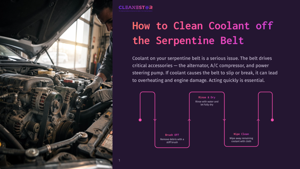 Mechanic Inspecting A Car Engine, Focusing On The Serpentine Belt. Text Overlay Reads &Quot;How To Clean Coolant Off The Serpentine Belt.