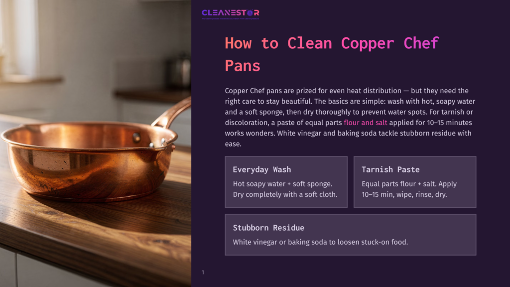 A Gleaming Copper Chef Pan Sits On A Wooden Countertop, Bathed In Warm Sunlight. The Text &Quot;How To Clean Copper Chef Pans&Quot; Is Visible.
