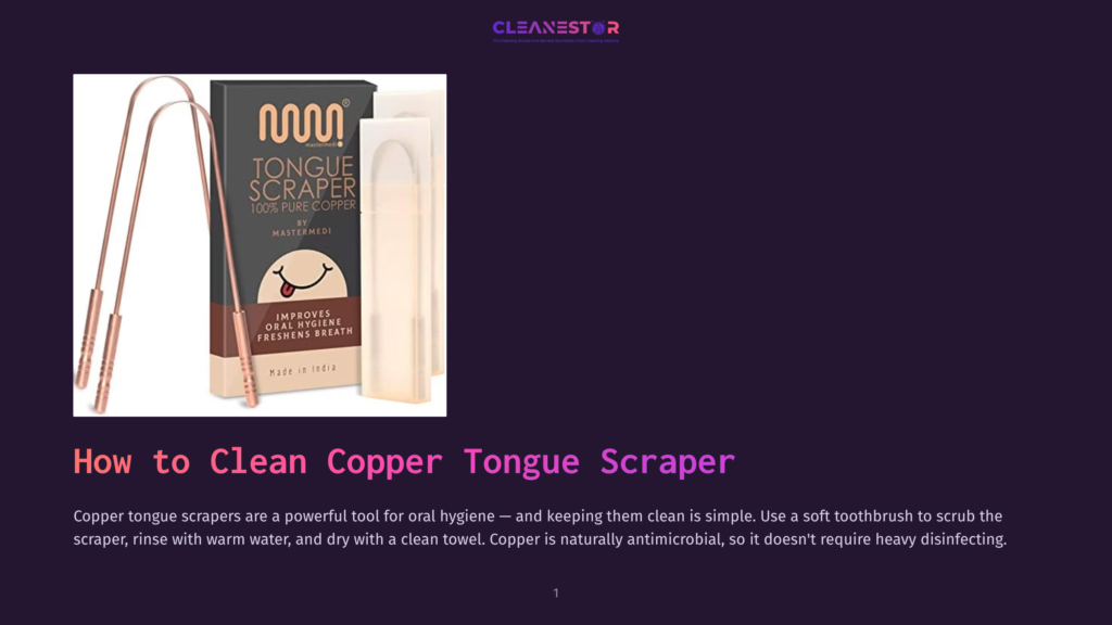 A Copper Tongue Scraper Set From Mastermedi, Featuring Two U-Shaped Scrapers And A Box, Is Displayed Against A Dark Purple Background. Text On The Box Reads &Quot;Tongue Scraper 100% Pure Copper&Quot; And &Quot;Improves Oral Hygiene Freshens Breath&Quot;.
