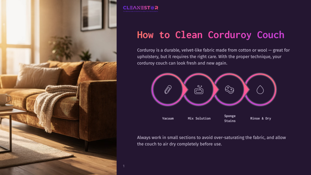 A Plush, Deep Brown Corduroy Couch With A White Knitted Throw Blanket Is Shown In A Well-Lit Living Room, With A Graphic Detailing How To Clean Corduroy Furniture: Vacuum, Mix Solution, Sponge Stains, Rinse &Amp; Dry.