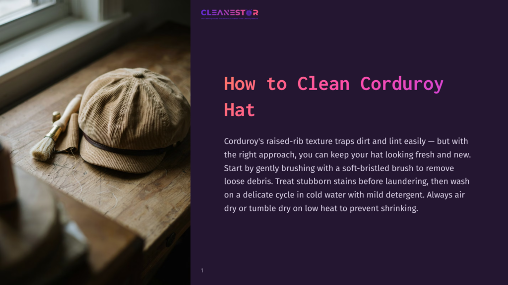 A Tan Corduroy Newsboy Cap Rests On A Wooden Table Next To A Small Brush, With Soft Natural Light Filtering In From The Left.