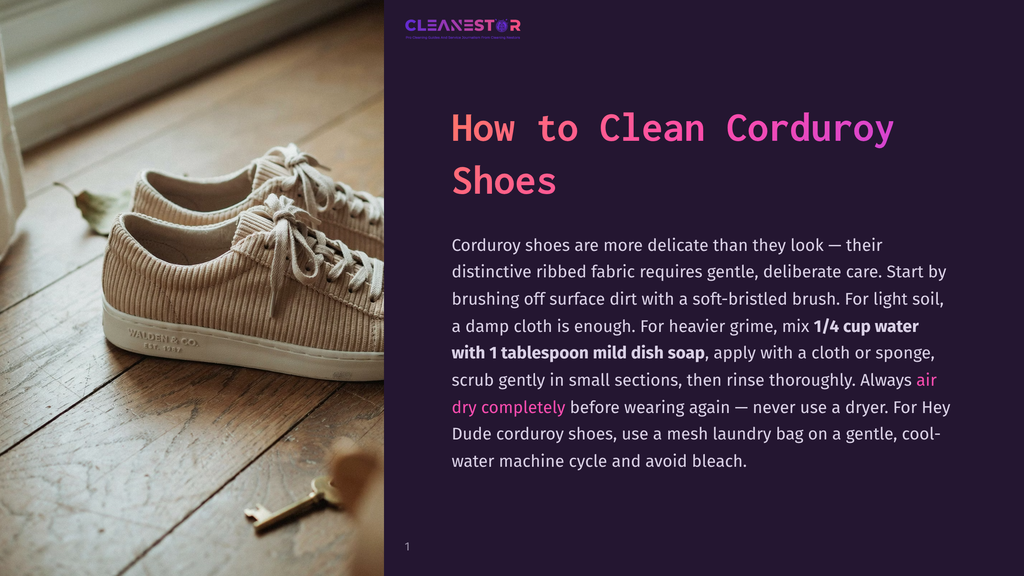 Close-Up Of Light Beige Corduroy Sneakers Resting On A Wooden Floor, With A Few Fallen Leaves Nearby. The Text &Quot;Cleanestor&Quot; Is Visible In The Top Right Corner.