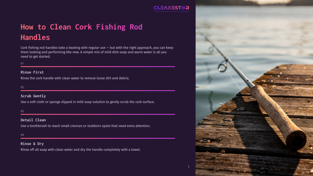Close-Up Of A Fishing Rod With A Cork Handle Resting On A Wooden Dock At Sunrise. Text Overlay Reads &Quot;How To Clean Cork Fishing Rod Handles.