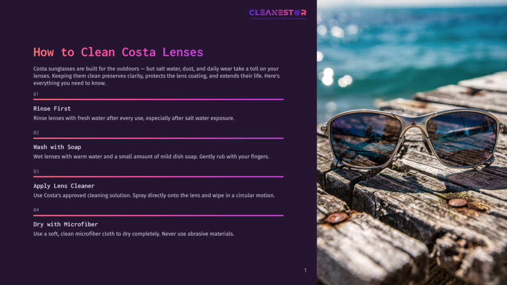 Costa Sunglasses Resting On A Weathered Wooden Surface, With The Ocean And Waves In The Background. Text Overlay Provides Instructions On &Quot;How To Clean Costa Lenses.