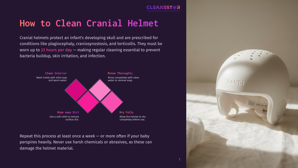A White Baby Cranial Helmet Sits On A White Textured Surface, With The Text &Quot;How To Clean Cranial Helmet&Quot; And Cleaning Instructions Displayed On The Left Side Of The Image.