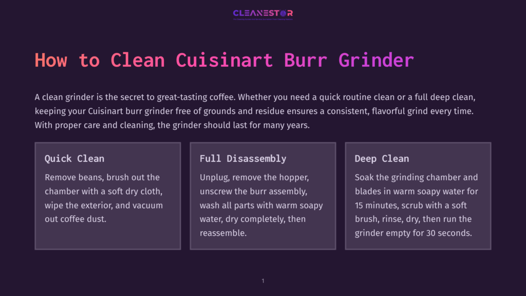 How To Clean Cuisinart Burr Grinder: Three Cleaning Options - Quick Clean, Full Disassembly, And Deep Clean - Are Presented In Distinct Boxes With Text Instructions.