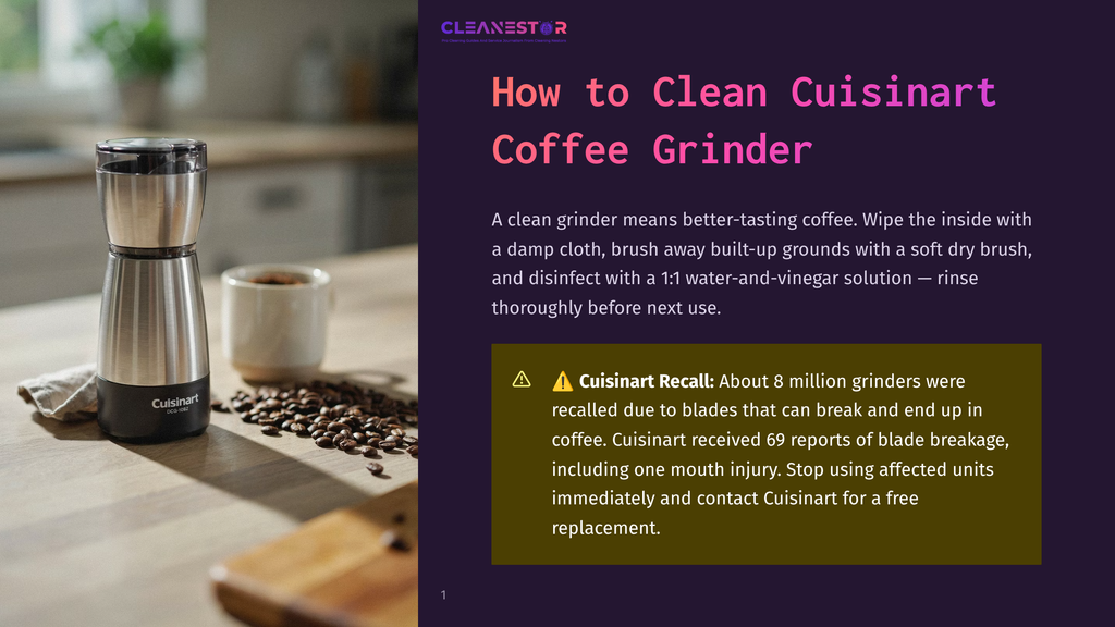 A Cuisinart Coffee Grinder Sits On A Wooden Surface Next To Coffee Beans And A Mug. The Image Is Part Of A &Quot;How To Clean Cuisinart Coffee Grinder&Quot; Guide.
