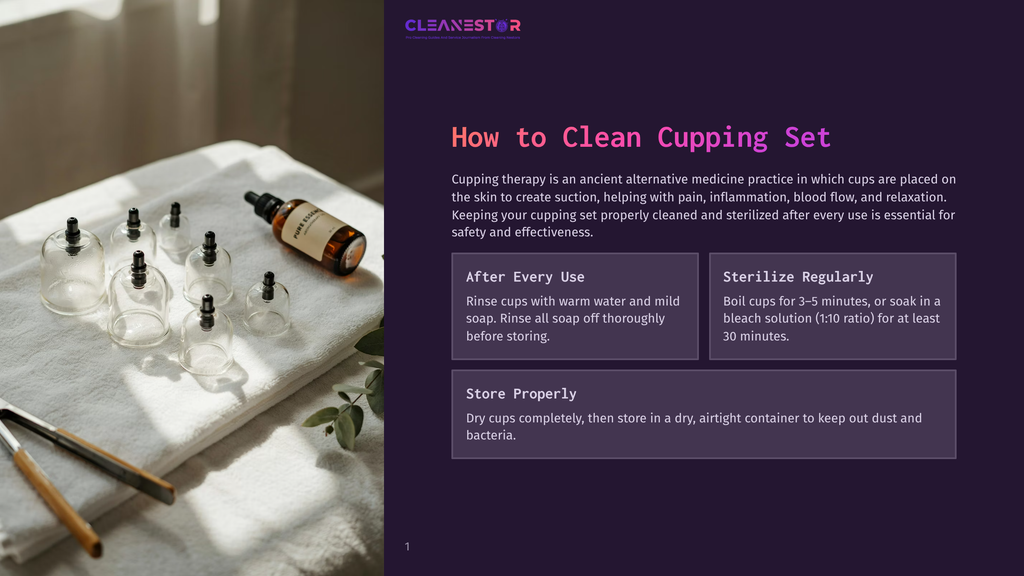 1 How To Clean Cupping Set A Set Of Glass Cupping Therapy Cups And A Small Amber Glass Bottle Of Essential Oil Rest On A White Towel, Ready For Use.