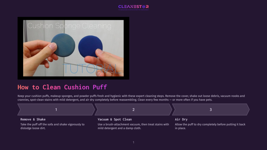 Hands Hold Two Cushion Puffs, One Light Blue And One Dark Blue, With &Quot;Tutorial&Quot; Text Overlayed On A Video Still About How To Clean Cushion Puffs.