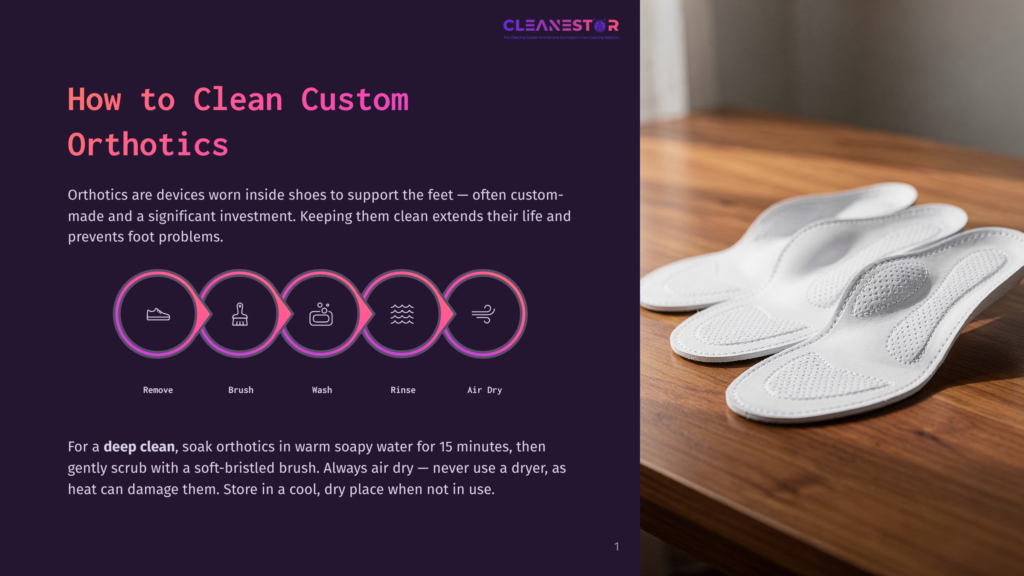 Graphic Illustrating How To Clean Custom Orthotics: Remove, Brush, Wash, Rinse, Air Dry. Text Also Explains Cleaning Steps.