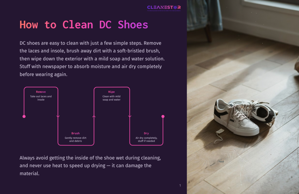 Infographic Showing How To Clean Dc Shoes: Remove Laces And Insole, Brush Away Dirt, Wipe With Mild Soap And Water, And Dry With Newspaper. Text Emphasizes Avoiding Water Saturation And Heat For Drying.