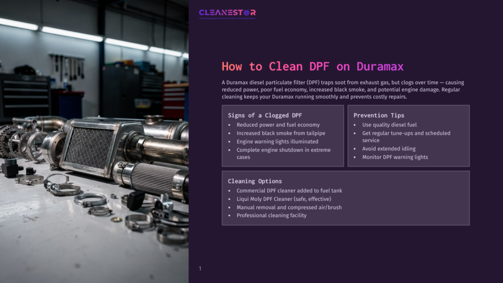 Cleanestor Logo And Text On A Dark Purple Background, With A Large Image Of A Truck'S Exhaust System Components, Including A Dpf, On The Left.
