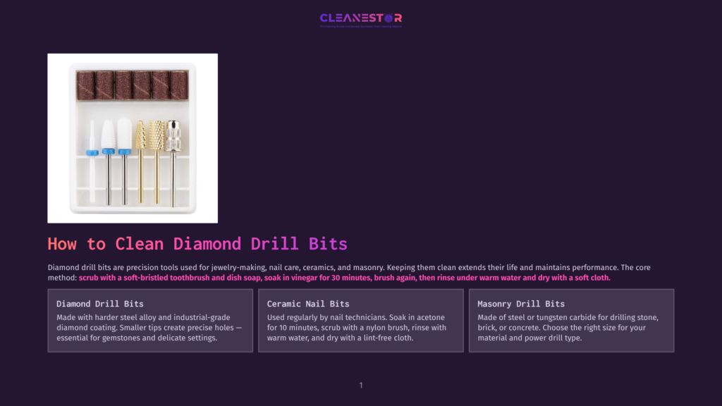 Diamond Drill Bits For Cleaning, Including Various Sizes And Types For Jewelry, Nails, And Masonry, Shown In A White Box With A Purple Cleanestor Logo And Text About Cleaning Diamond Drill Bits.