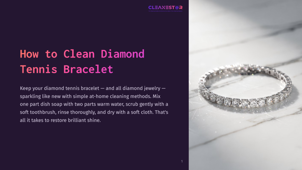 A Sparkling Diamond Tennis Bracelet Rests On A White Marble Surface, With Text On The Left Detailing How To Clean A Diamond Tennis Bracelet. The Bracelet Is The Main Focus, Showcasing Its Brilliant Shine.