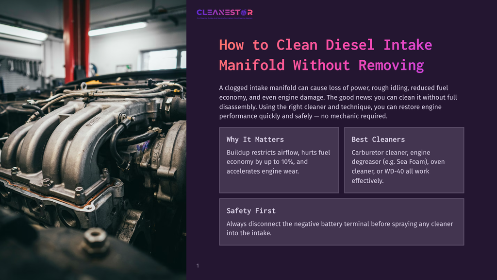 Close-Up Of A Dirty, Complex Diesel Intake Manifold In An Engine Bay, Showing Intricate Metalwork And A Dark, Oily Surface. Text Overlay Reads &Quot;Cleanestor&Quot; And &Quot;How To Clean Diesel Intake Manifold Without Removing&Quot;.