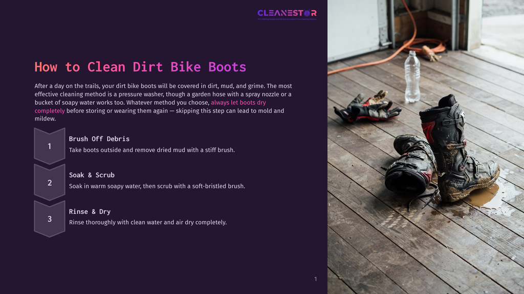 Dirt Bike Boots On A Wooden Deck, With A Bottle Of Water And Gloves Nearby. The Boots Are Heavily Caked In Mud, Showing The Need For Cleaning.