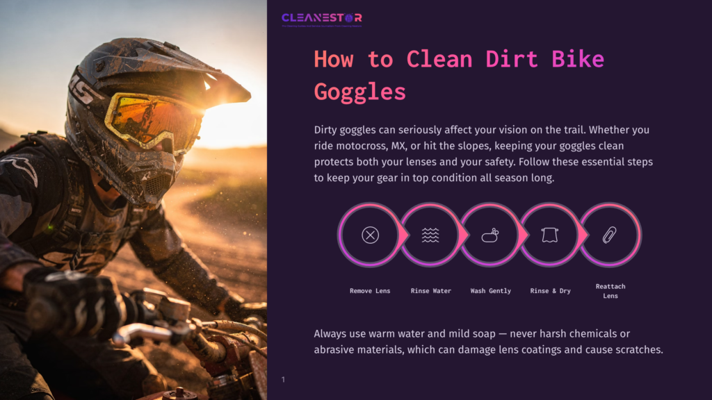 Dirt Bike Rider In Full Gear, Wearing Yellow-Tinted Goggles, Silhouetted Against A Sunset. Text Overlay: &Quot;How To Clean Dirt Bike Goggles&Quot;.