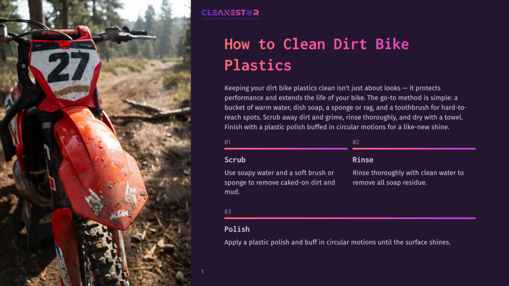 Close-Up Of A Red Dirt Bike'S Front Fender And Handlebars With The Number 27 Visible, Set Against A Blurred Forest Background. Text On The Image Reads &Quot;Cleanestor&Quot; And &Quot;How To Clean Dirt Bike Plastics&Quot;.